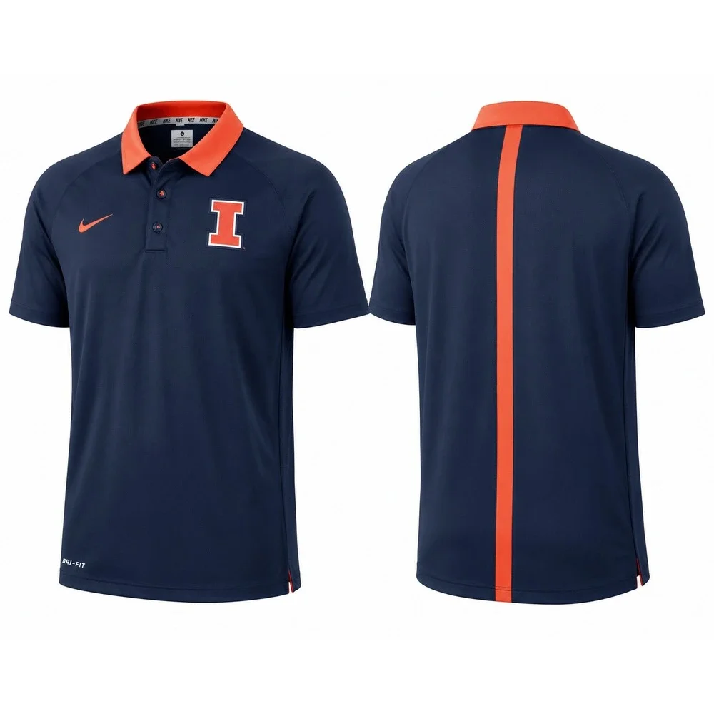 Nike Illinois Fighting Illini Dri-FIT Polo Shirt Mens XL Navy Orange Stripe
